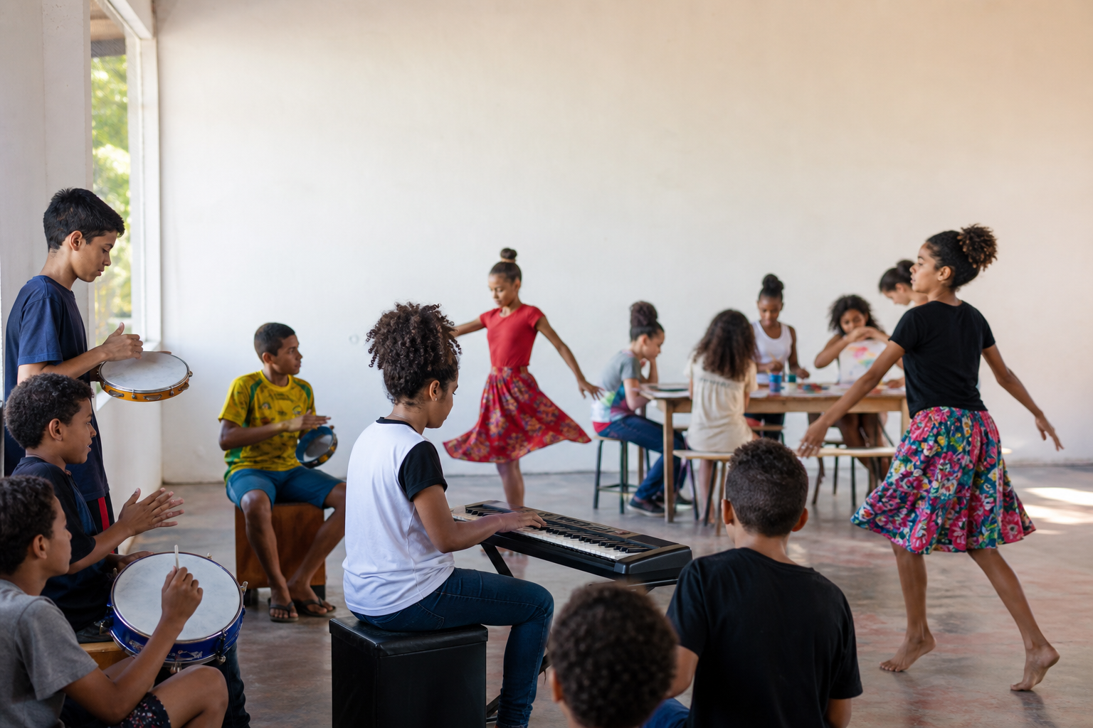 Imagem ilustrativa de jovens em uma oficina de música, dança e artes