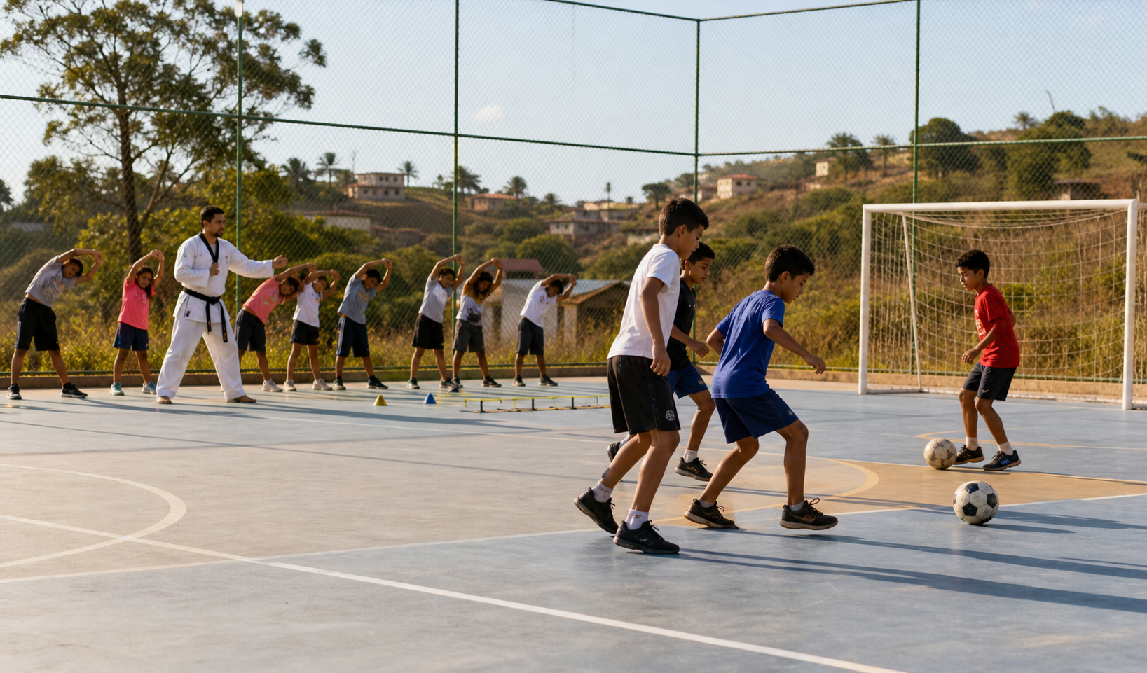 Imagem ilustrativa de crianças e adolescentes em atividades esportivas comunitárias